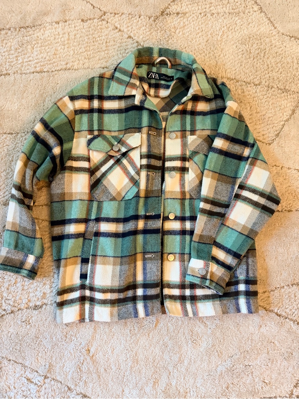 Zara Green Plaid Button-Up Jacket